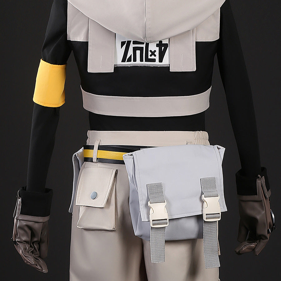 Rudo cosplay costume full back view with black shirt, white hood, beige pants and waist pouches