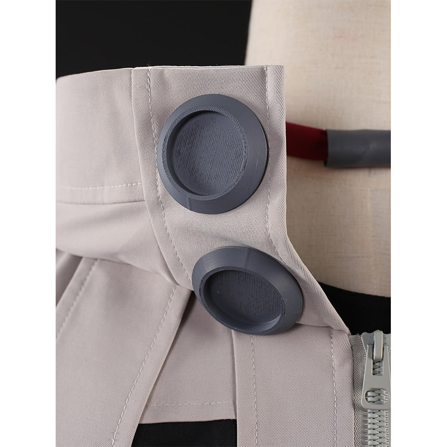 Rudo cosplay costume neck collar detail with black circular patches and red trim