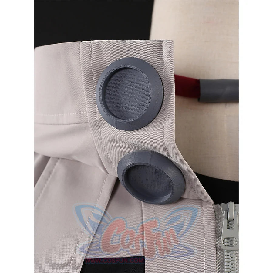 Rudo cosplay costume neck collar detail with black circular patches and red trim