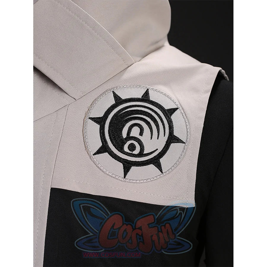 Rudo cosplay costume shoulder detail with embroidered gear patch on beige fabric