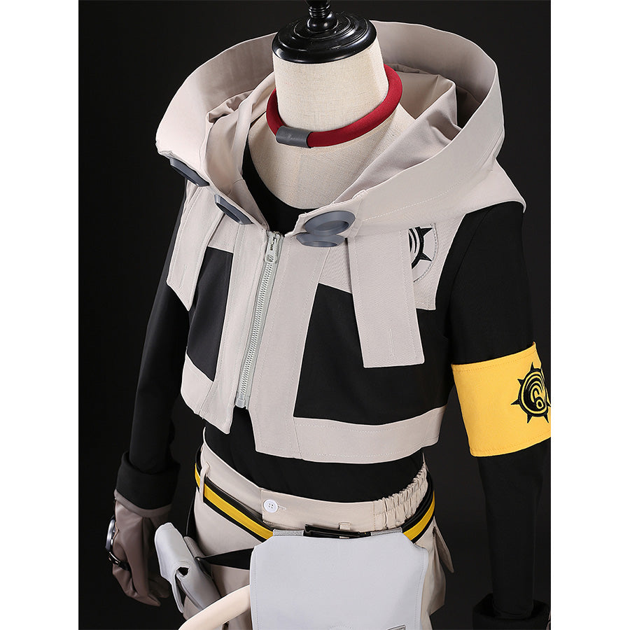 Rudo cosplay costume upper body side view with jacket, collar, yellow gear armband and belt