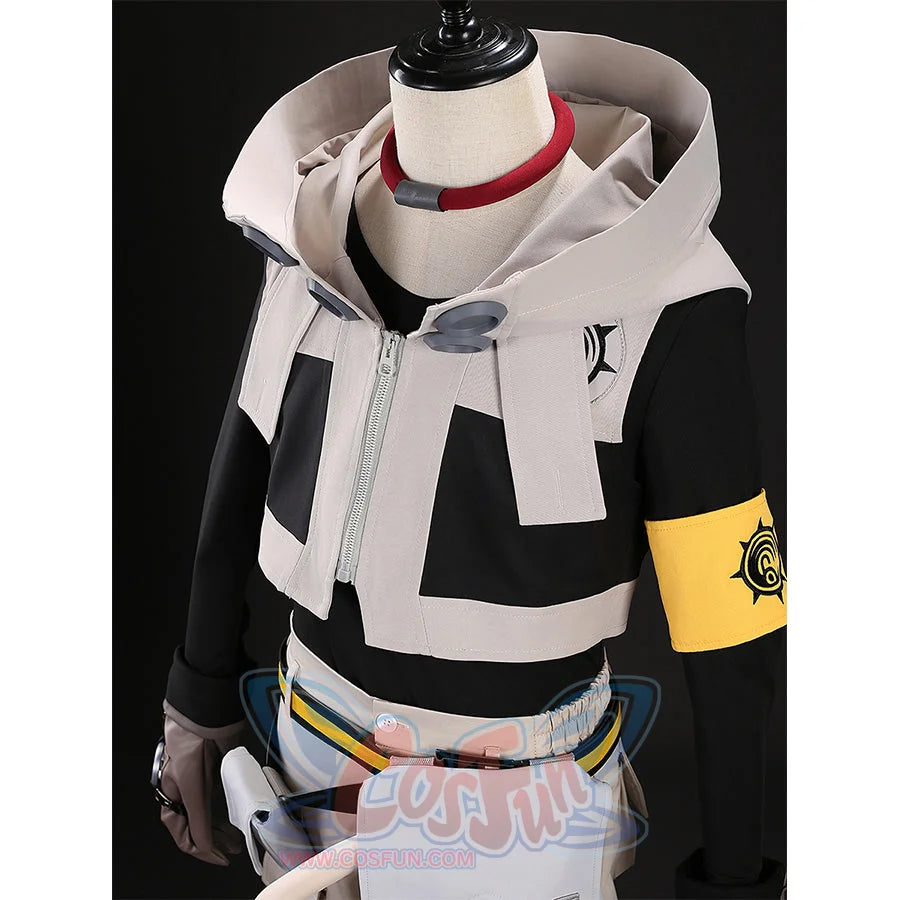 Rudo cosplay costume upper body side view with jacket, collar, yellow gear armband and belt