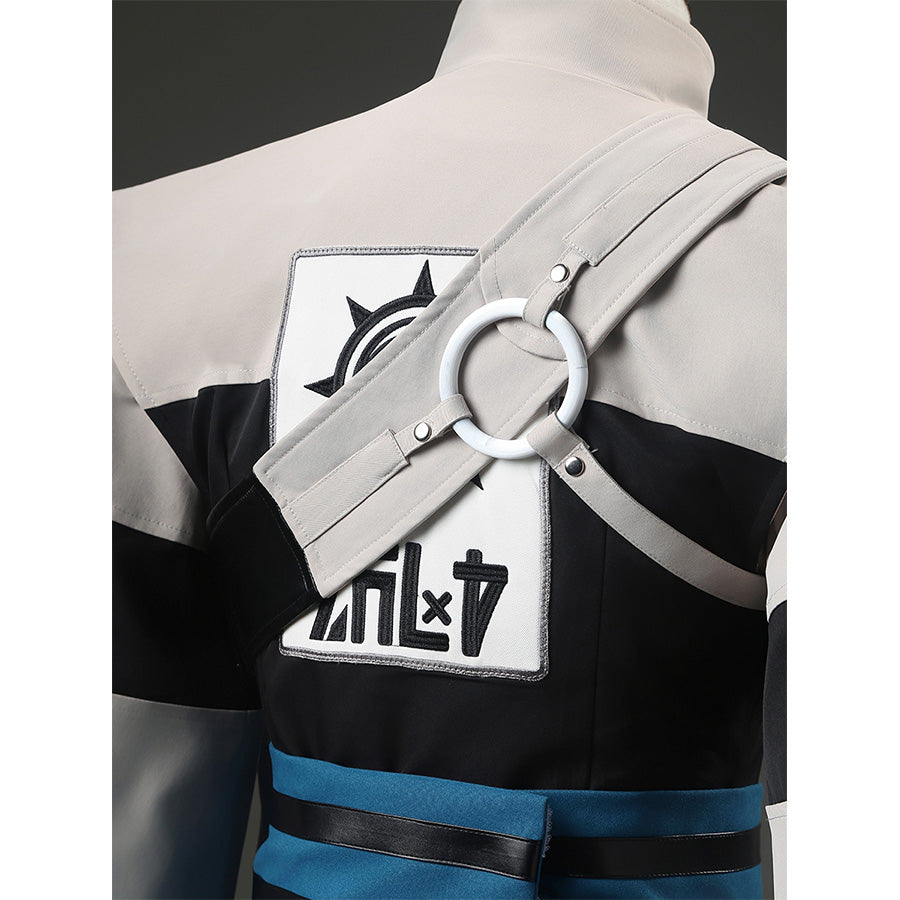 Close-up of Zanka cosplay shoulder strap with emblem patches and ring hardware details