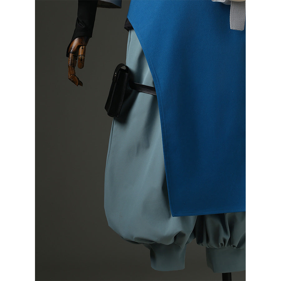 Zanka cosplay costume leg detail showing blue apron overlay and loose-fit gray pants