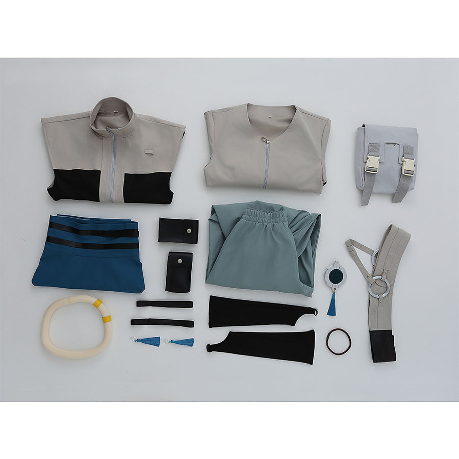 Complete Zanka cosplay costume set flat lay showing all pieces