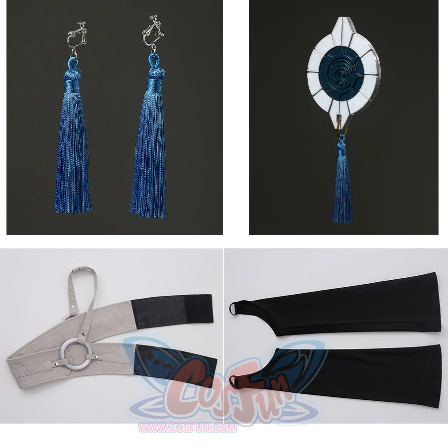 Zanka cosplay costume accessories set: blue tassel earrings, chest pendant and leg pouches