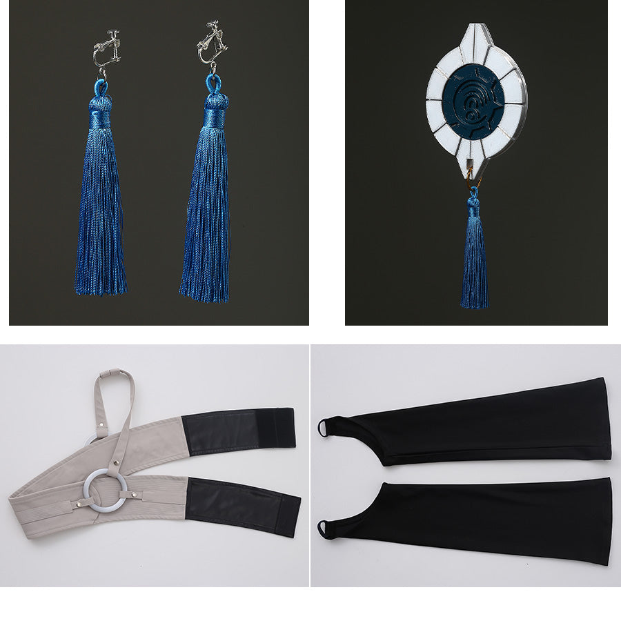 Zanka cosplay costume accessories set: blue tassel earrings, chest pendant and leg pouches