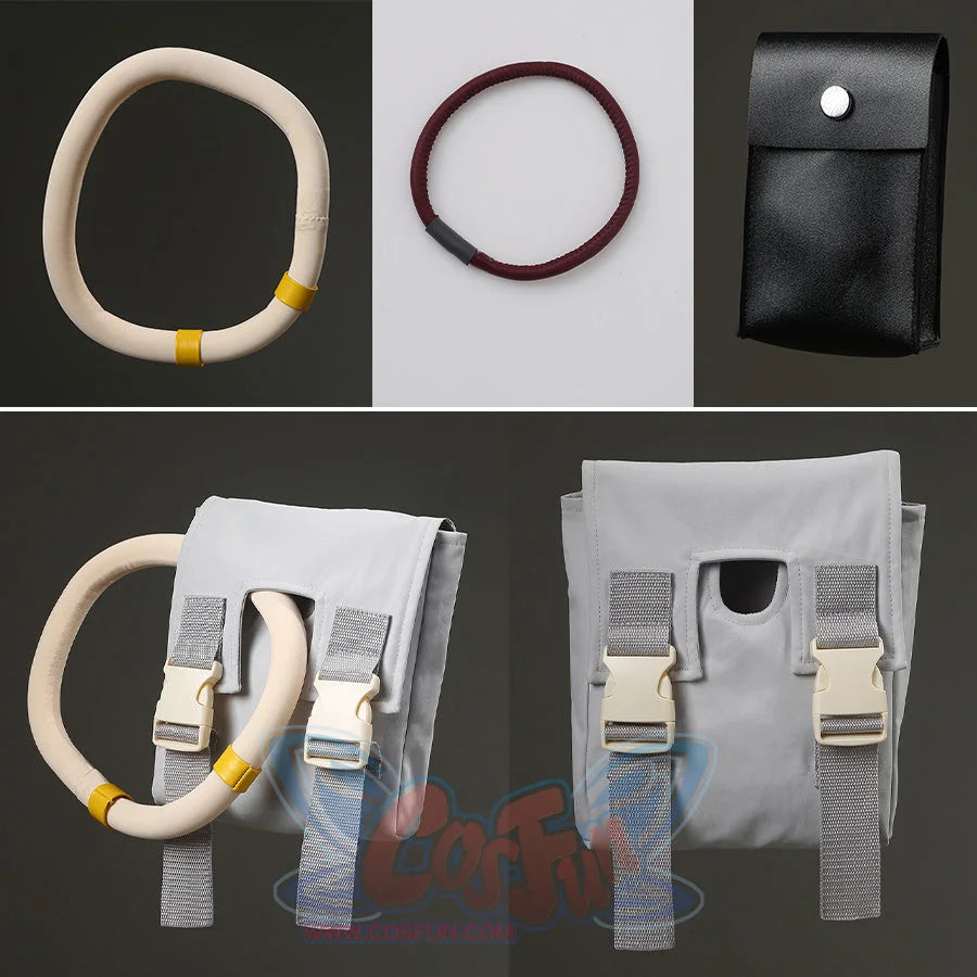 Zanka cosplay costume accessories including white ring, brown bands, black pouch and gray bag