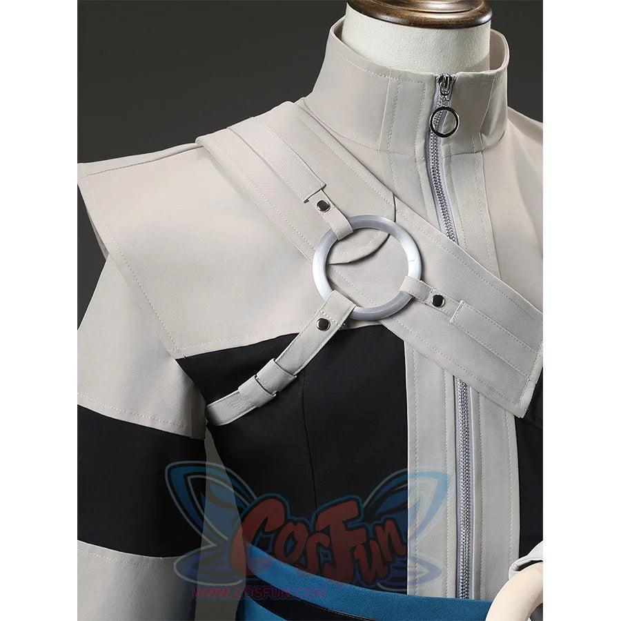 Side view of Zanka cosplay costume showing high collar, shoulder strap and zipper detail