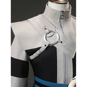 Side view of Zanka cosplay costume showing high collar, shoulder strap and zipper detail