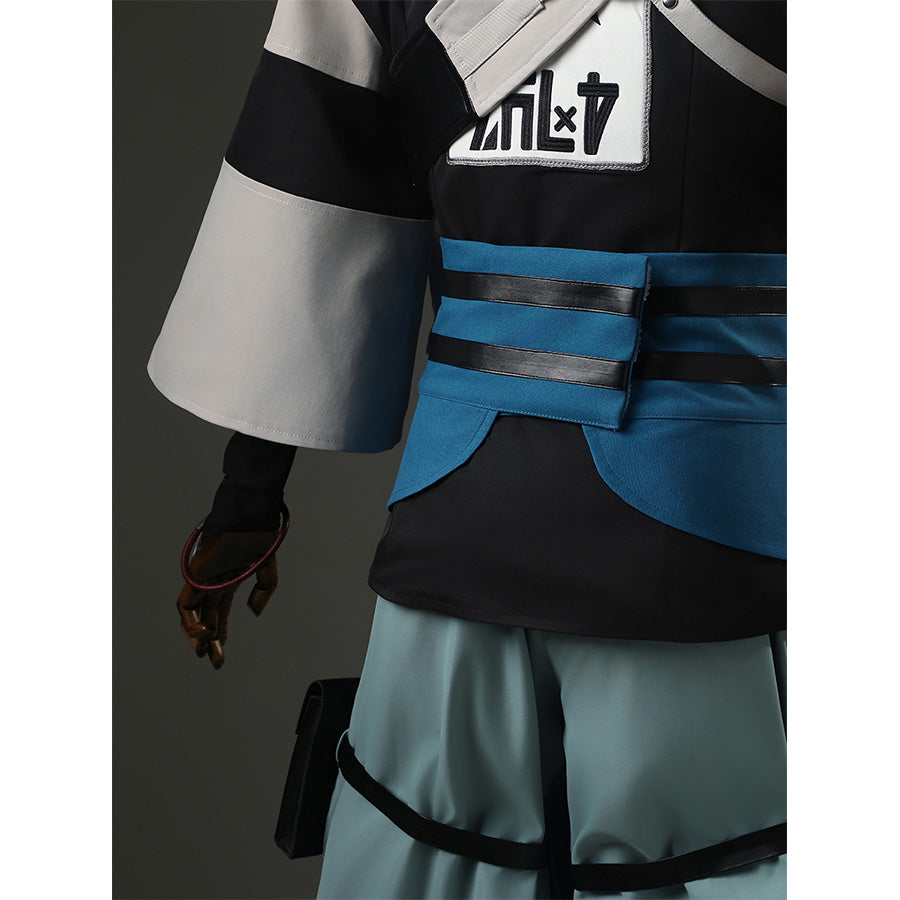 Zanka cosplay costume waist area showing blue apron, black pants and decorative belt straps
