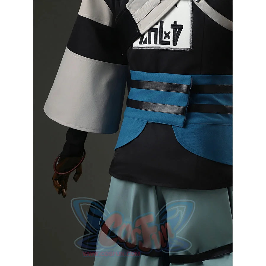 Zanka cosplay costume waist area showing blue apron, black pants and decorative belt straps