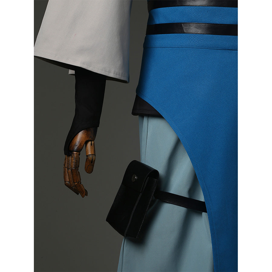 Zanka cosplay costume lower body view with blue pants, black waist pouch and leg accessory