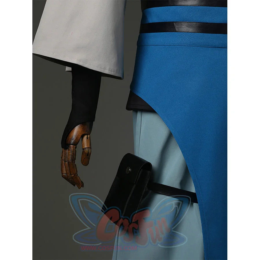 Zanka cosplay costume lower body view with blue pants, black waist pouch and leg accessory