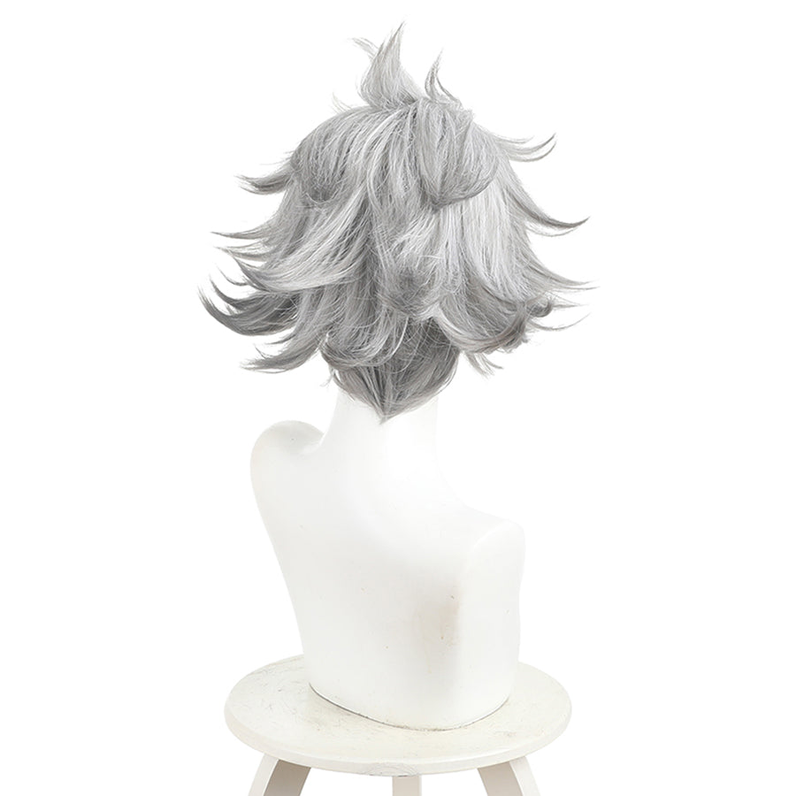 Rudo cosplay wig front view with silver short layered spiky hair on white mannequin head