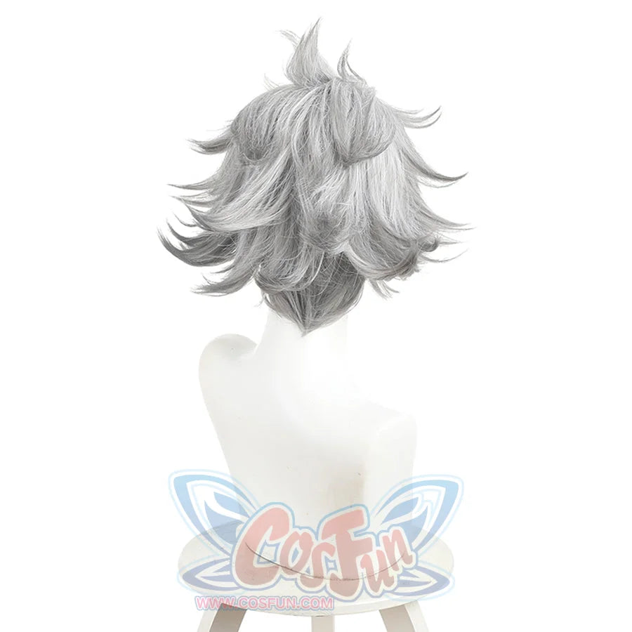 Rudo cosplay wig front view with silver short layered spiky hair on white mannequin head
