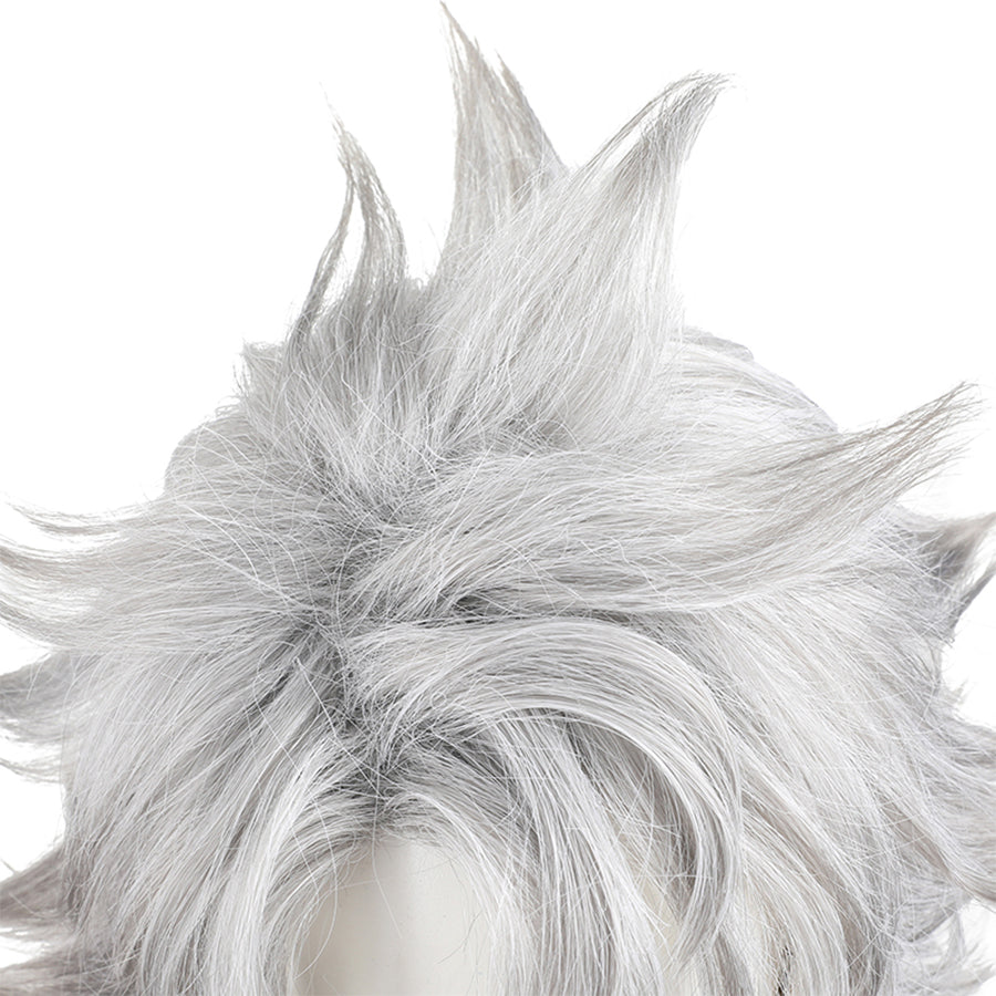 Rudo cosplay wig close-up detail showing silver hair fiber texture and quality construction