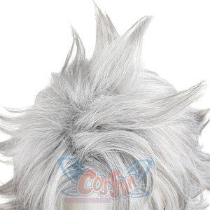 Rudo cosplay wig close-up detail showing silver hair fiber texture and quality construction