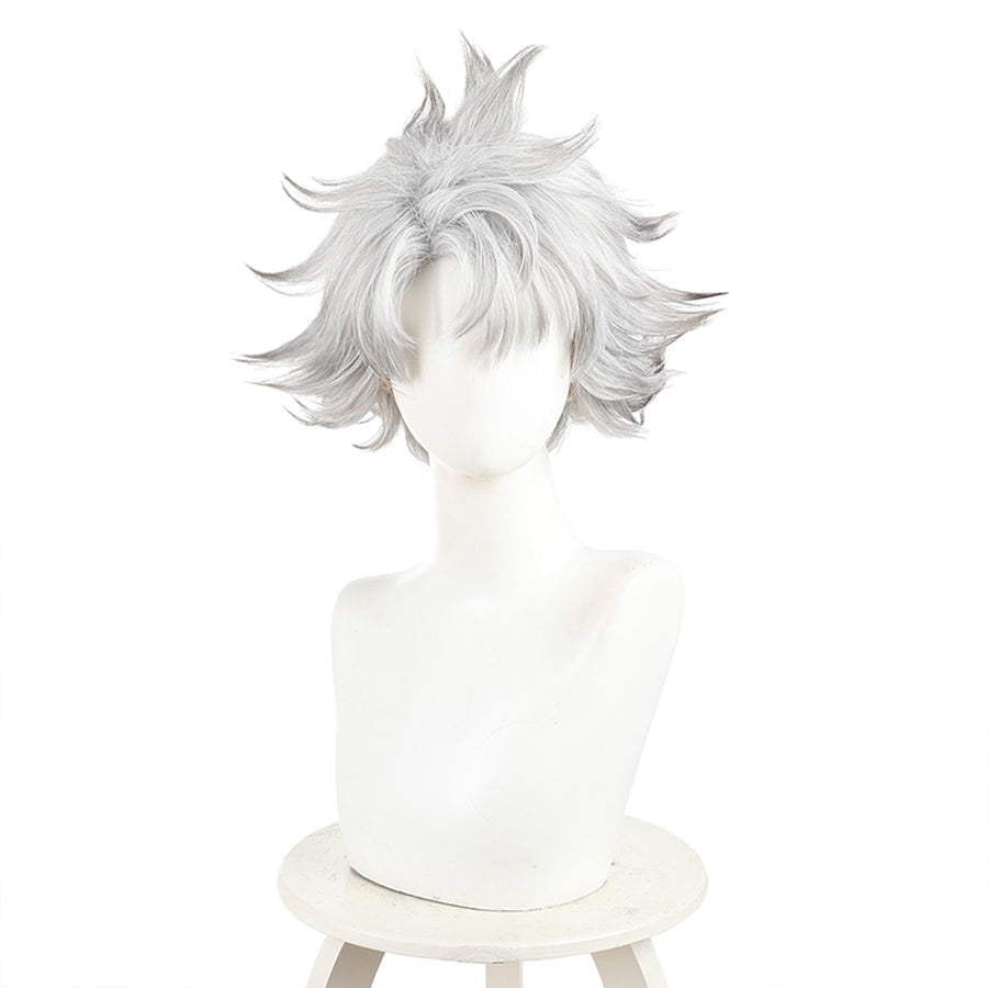 Rudo cosplay wig front view with silver short layered spiky hair on white mannequin head