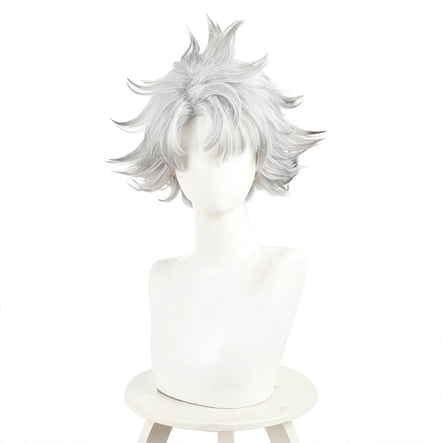 Rudo cosplay wig front view with silver short layered spiky hair on white mannequin head