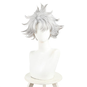 Rudo cosplay wig front view with silver short layered spiky hair on white mannequin head