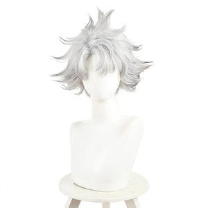 Rudo cosplay wig front view with silver short layered spiky hair on white mannequin head
