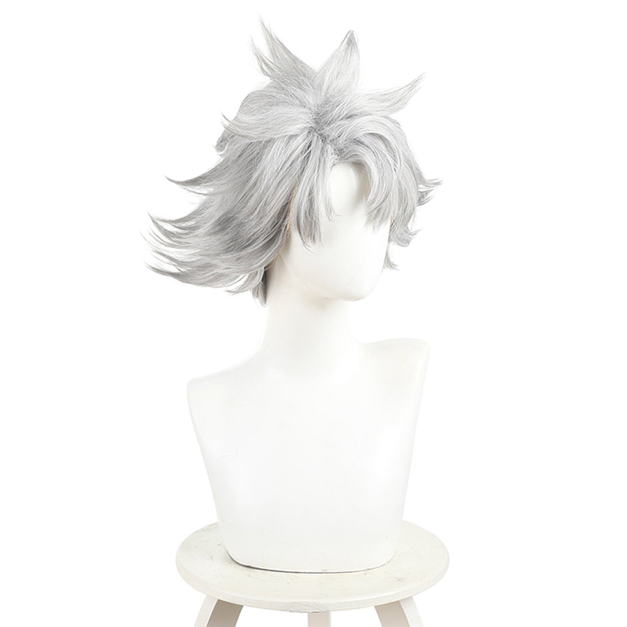 Rudo cosplay wig left side view featuring silver spiky hair with layered texture and volume