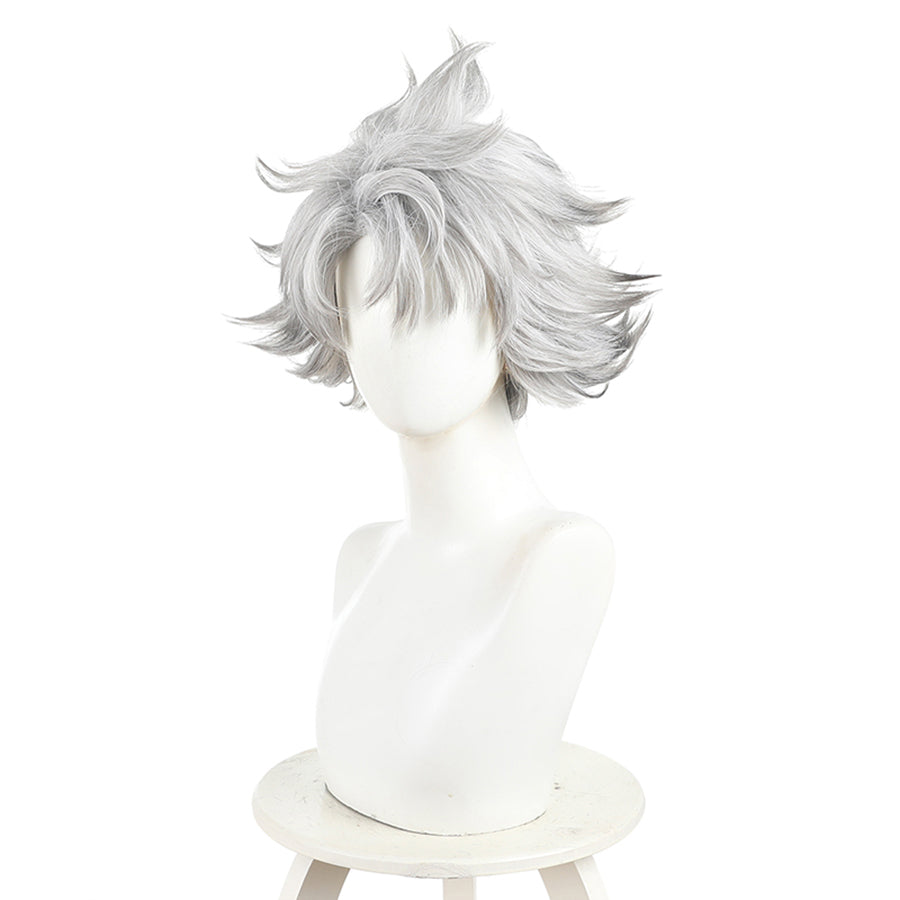 Rudo cosplay wig side view displaying silver layered spiky hair with dynamic wind-swept styling
