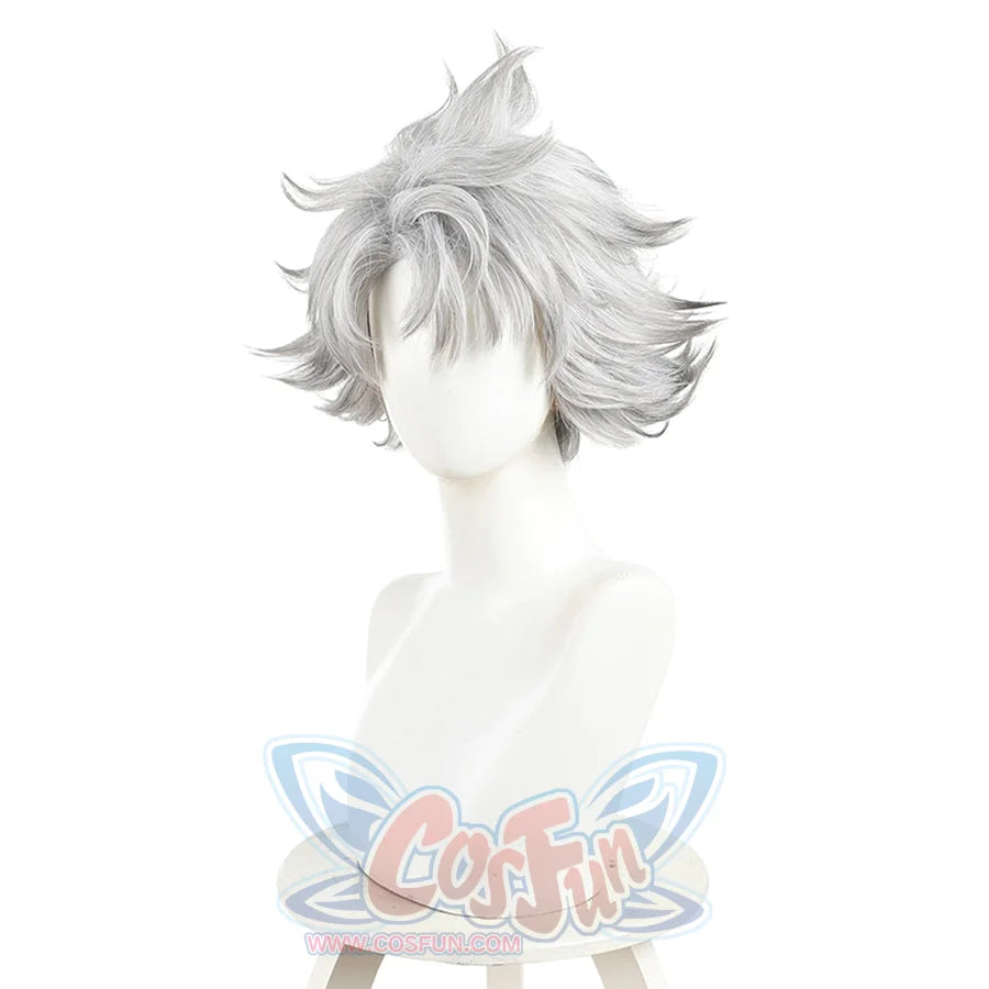 Rudo cosplay wig side view displaying silver layered spiky hair with dynamic wind-swept styling