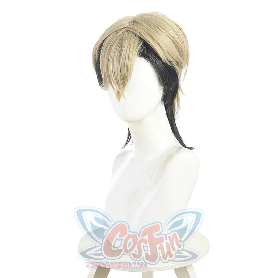 Zanka cosplay wig back view showing blonde hair with long black braided ponytail detail
