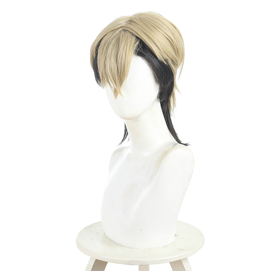 Zanka cosplay wig front view with blonde top, black braided pigtails, on white mannequin head