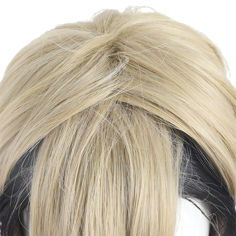 Zanka cosplay wig close-up detail showing blonde hair fiber texture and wig cap construction