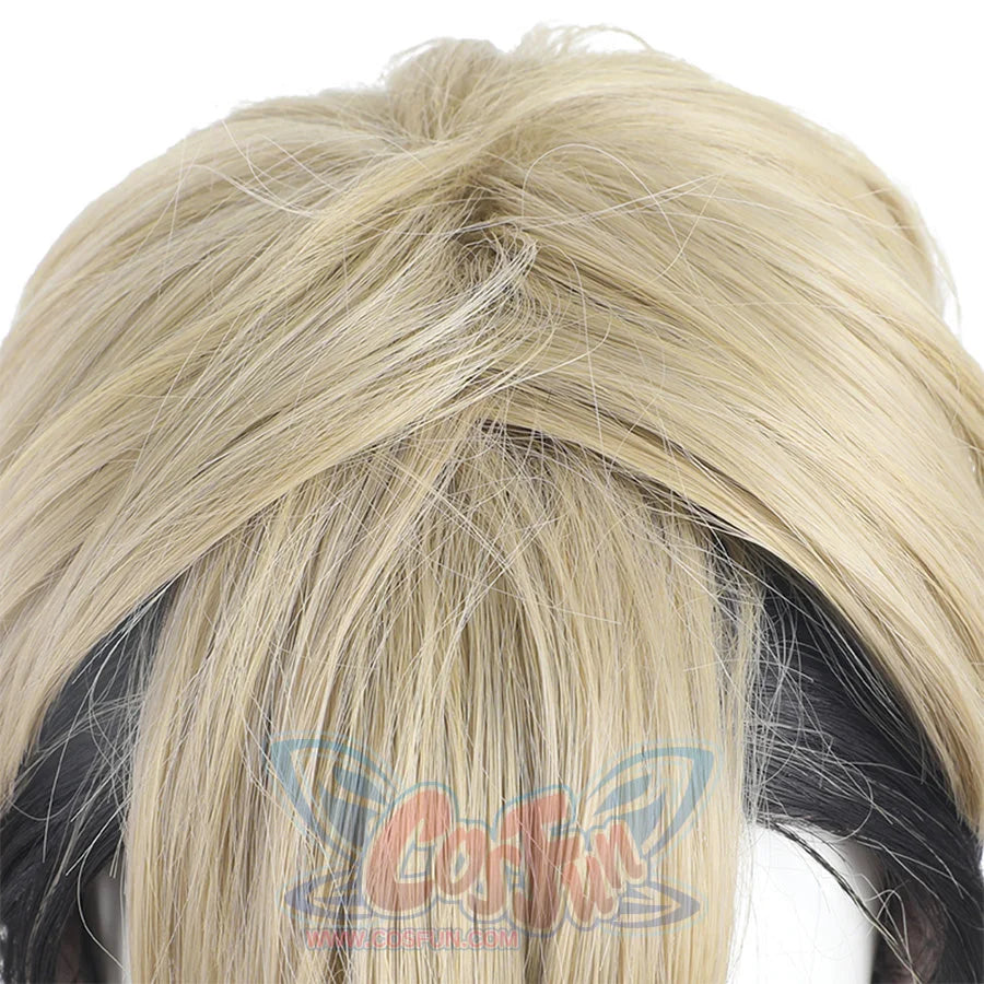 Zanka cosplay wig close-up detail showing blonde hair fiber texture and wig cap construction