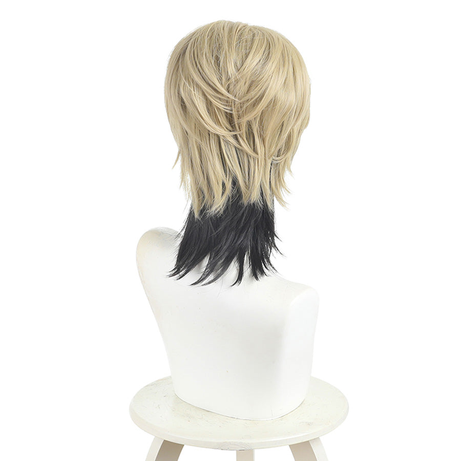 Zanka cosplay wig detail view of blonde and black hair layers showing color transition