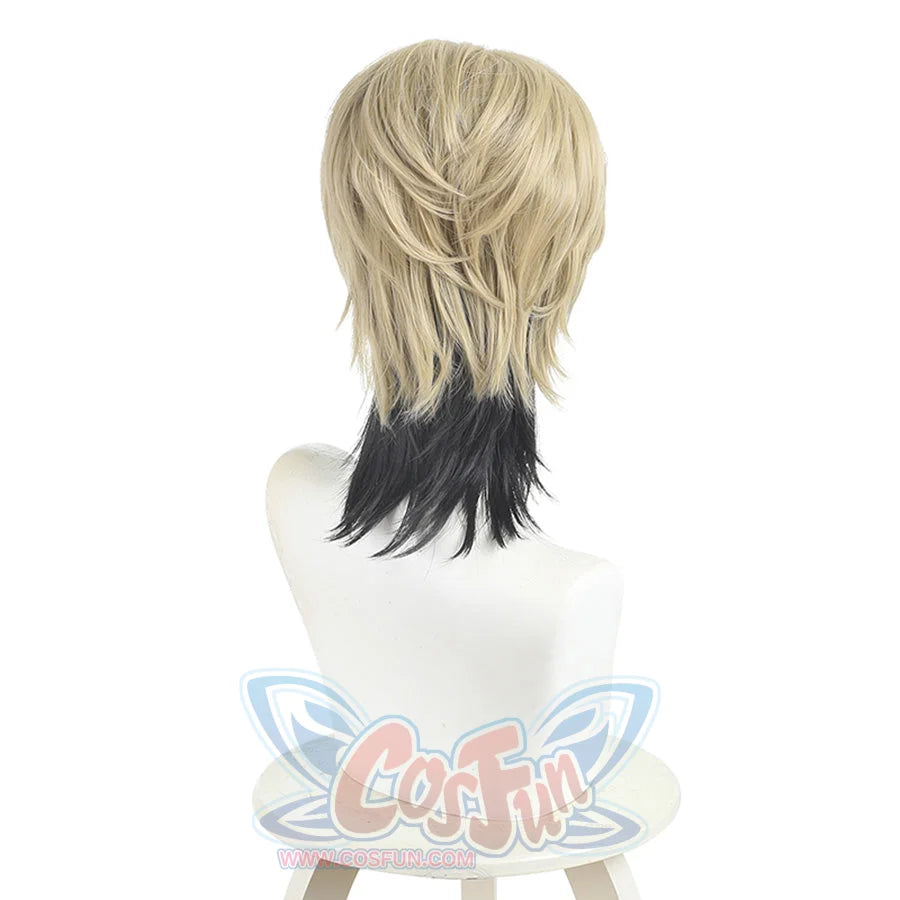 Zanka cosplay wig detail view of blonde and black hair layers showing color transition