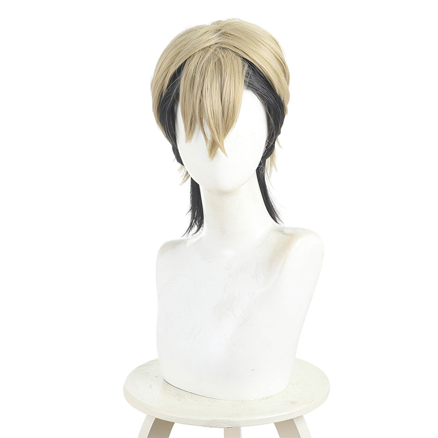Zanka cosplay wig front view with blonde top, black braided pigtails, on white mannequin head