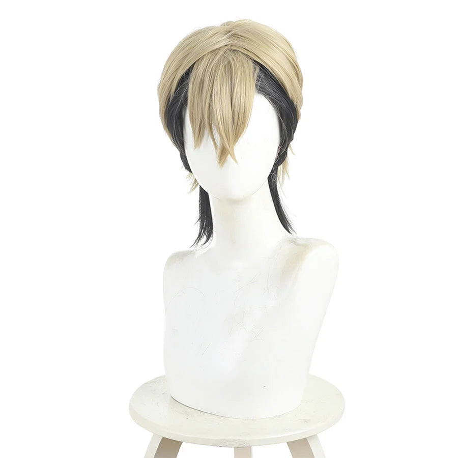 Zanka cosplay wig front view with blonde top, black braided pigtails, on white mannequin head