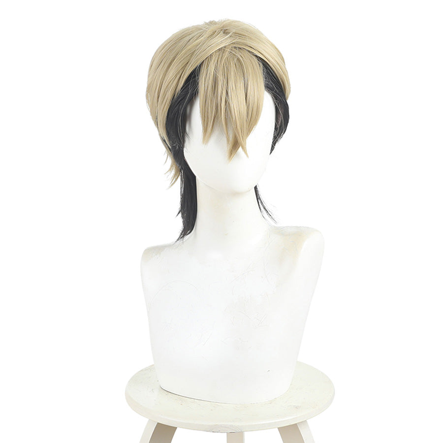 Zanka cosplay wig left side angle featuring blonde top with black braided pigtails detail