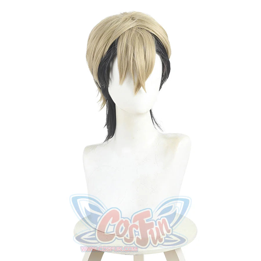 Zanka cosplay wig left side angle featuring blonde top with black braided pigtails detail