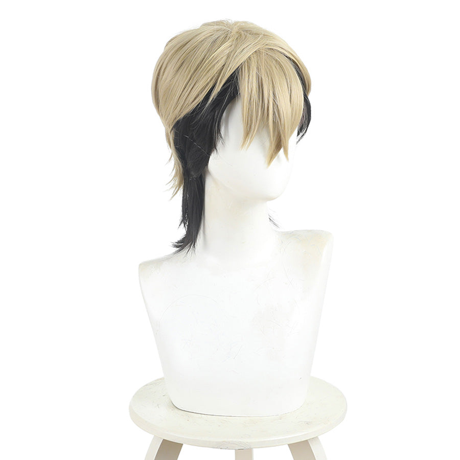 Zanka cosplay wig right side view showing blonde and black layered two-tone hair styling