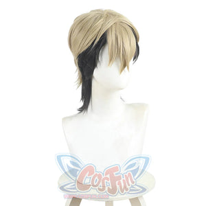 Zanka cosplay wig right side view showing blonde and black layered two-tone hair styling