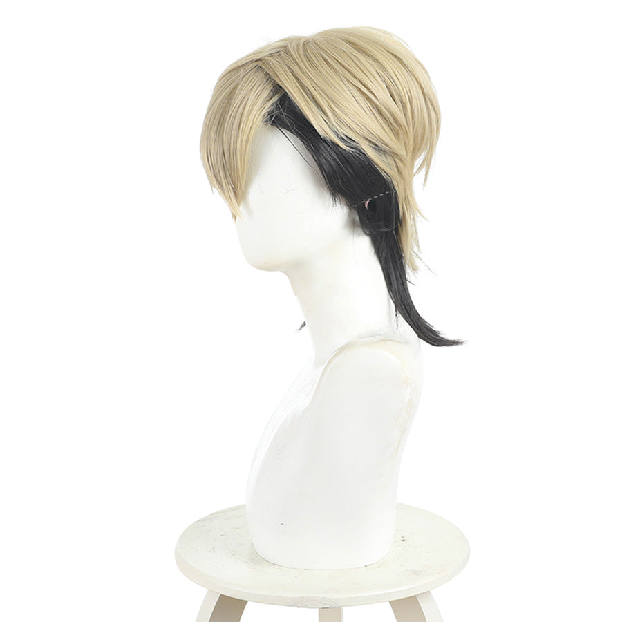 Zanka cosplay wig side view displaying blonde and black two-tone layered hairstyle styling