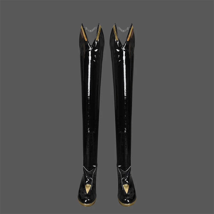 Game Rivals Emma Frost Cosplay Boots, these high boots are made of black matte-tanned PU leather.