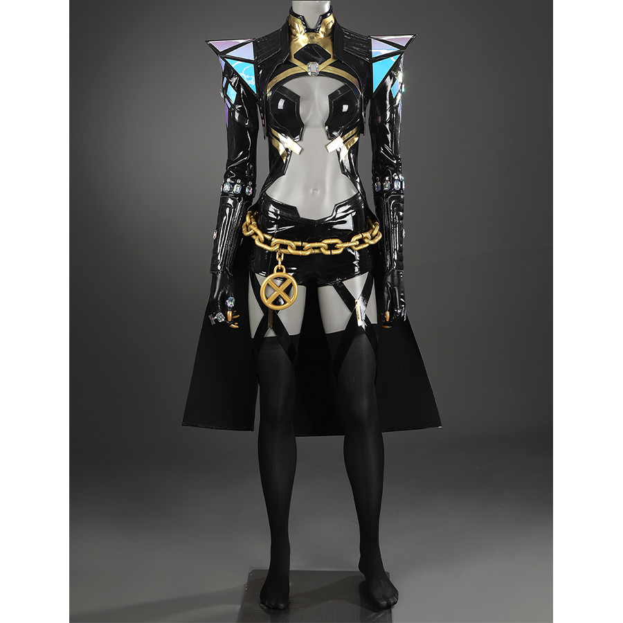 Game Rivals Emma Frost Cosplay Costume, the outfit is made entirely of black PU leather.