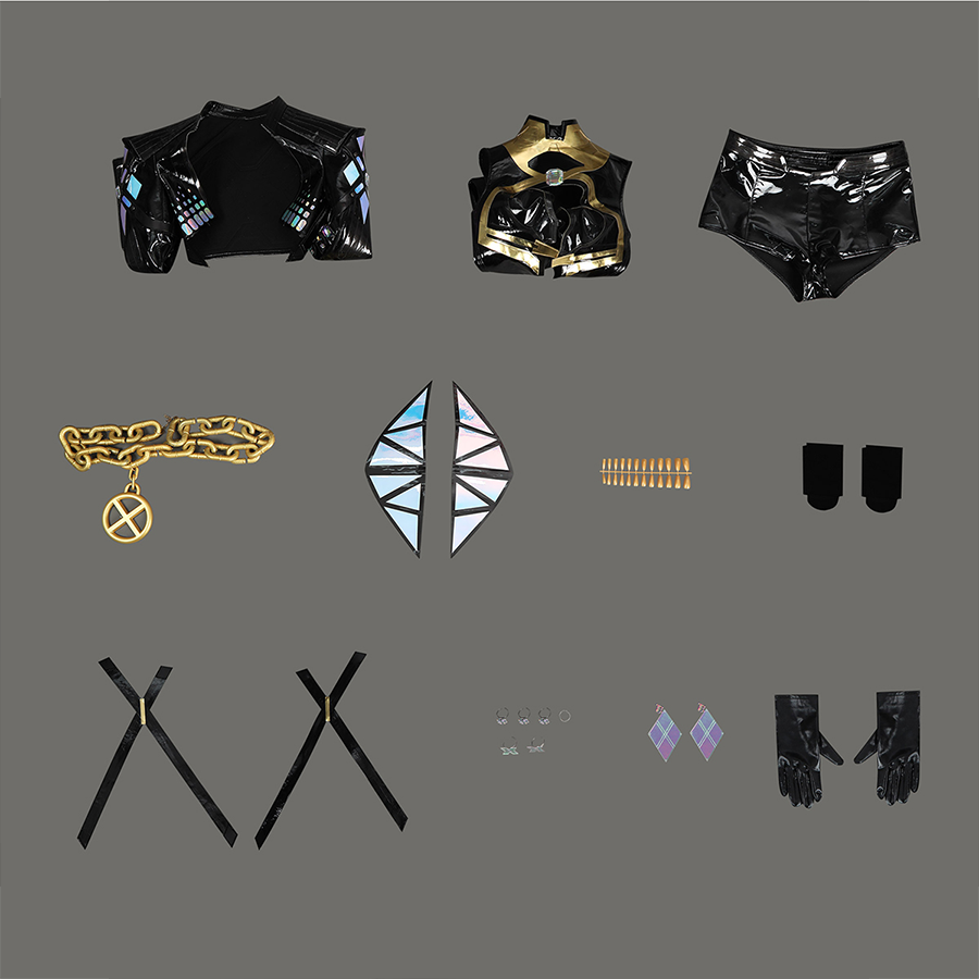 Game Rivals Emma Frost Cosplay Costume, includes overcoat, top, shorts, waist chain, pauldrons, fingernail, stockings, leg straps, rings, earrings, gloves.