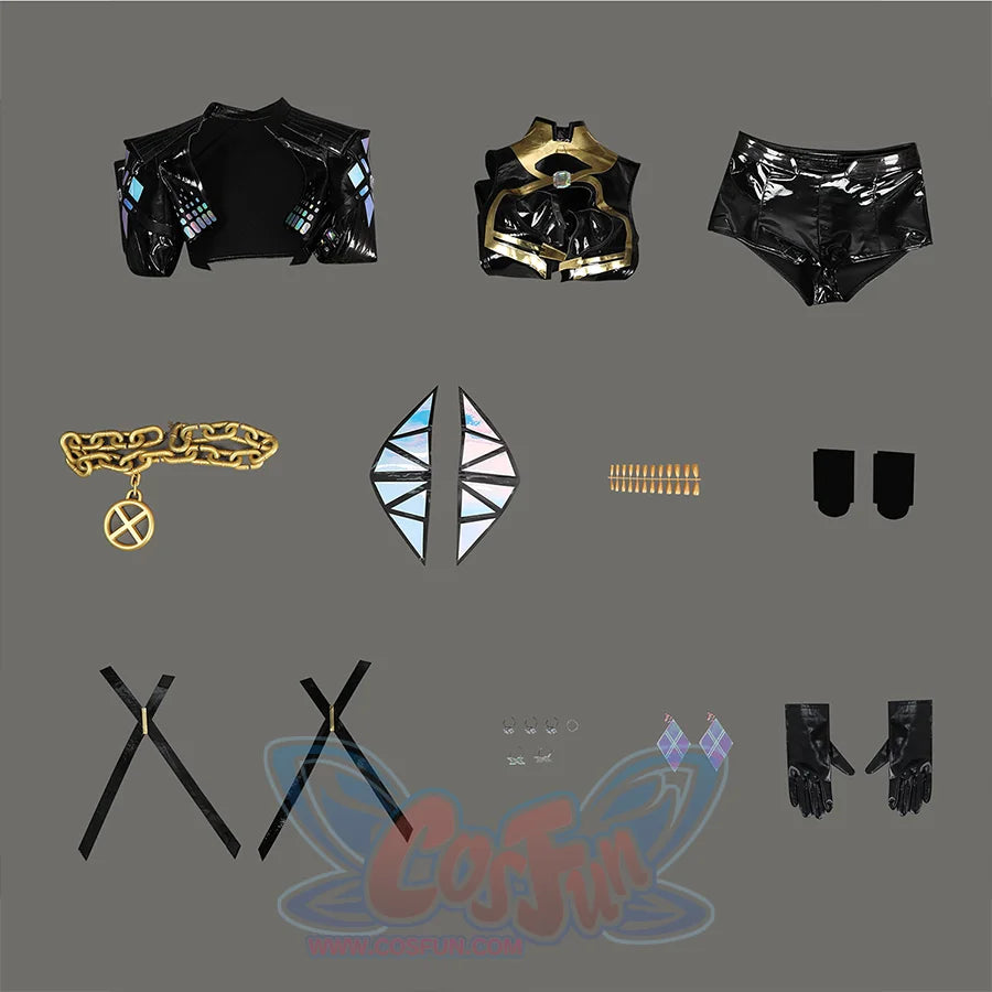 Game Rivals Emma Frost Cosplay Costume, includes overcoat, top, shorts, waist chain, pauldrons, fingernail, stockings, leg straps, rings, earrings, gloves.