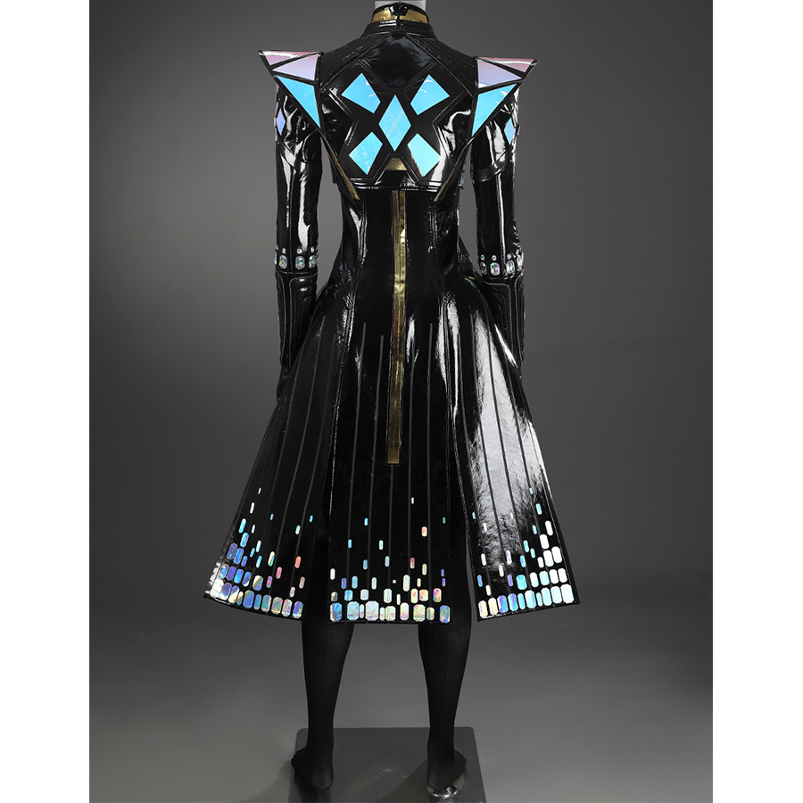 Game Rivals Emma Frost Cosplay Costume, the outfit is made entirely of black PU leather, back view.