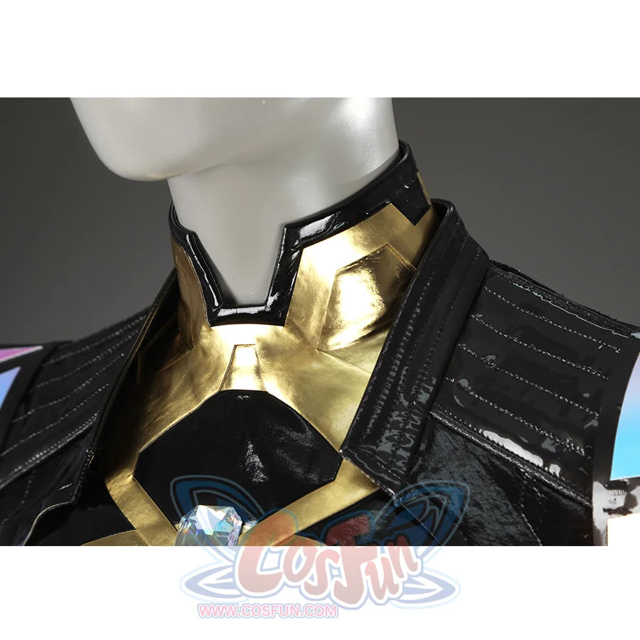 Game Rivals Emma Frost Cosplay Costume, gold PU leather stand-up collar, accented with laser-cut gem. 