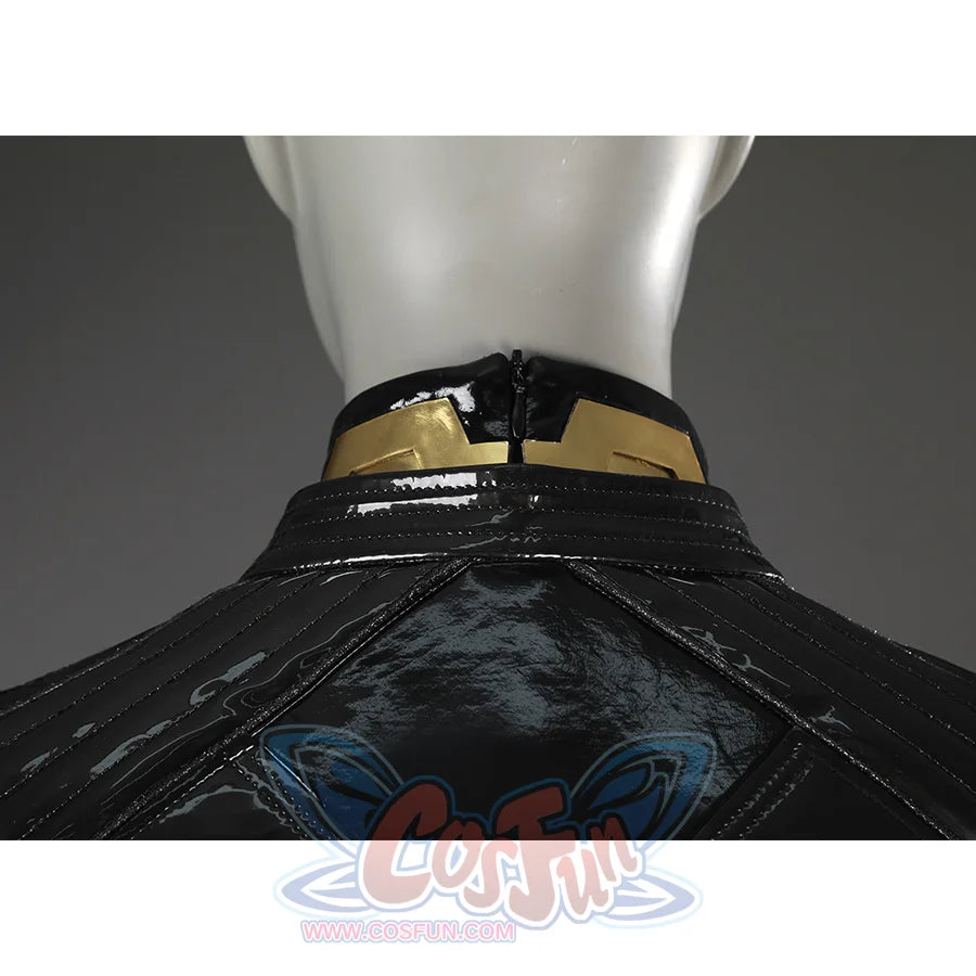 Game Rivals Emma Frost Cosplay Costume, gold PU leather stand-up collar, there is a zipper on the back. 