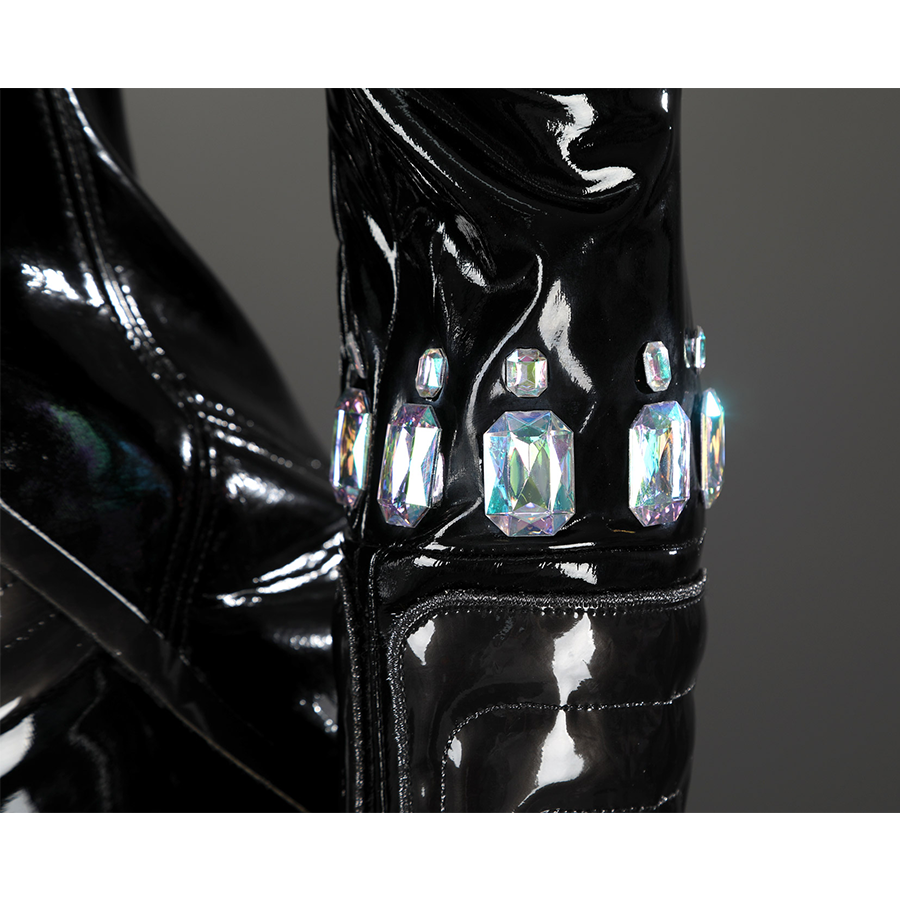 Game Rivals Emma Frost Cosplay Costume, back PU leather gloves with some colorful gems.